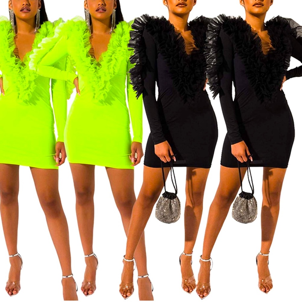 Black Fall V-Neck Business Cocktail Ruffled Sleeves Bodycon Dress size M - Picture 6 of 7